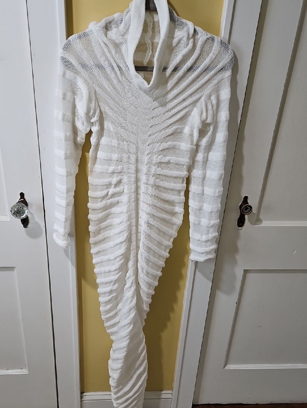 White Sheer Long Sleeve Knit Dress